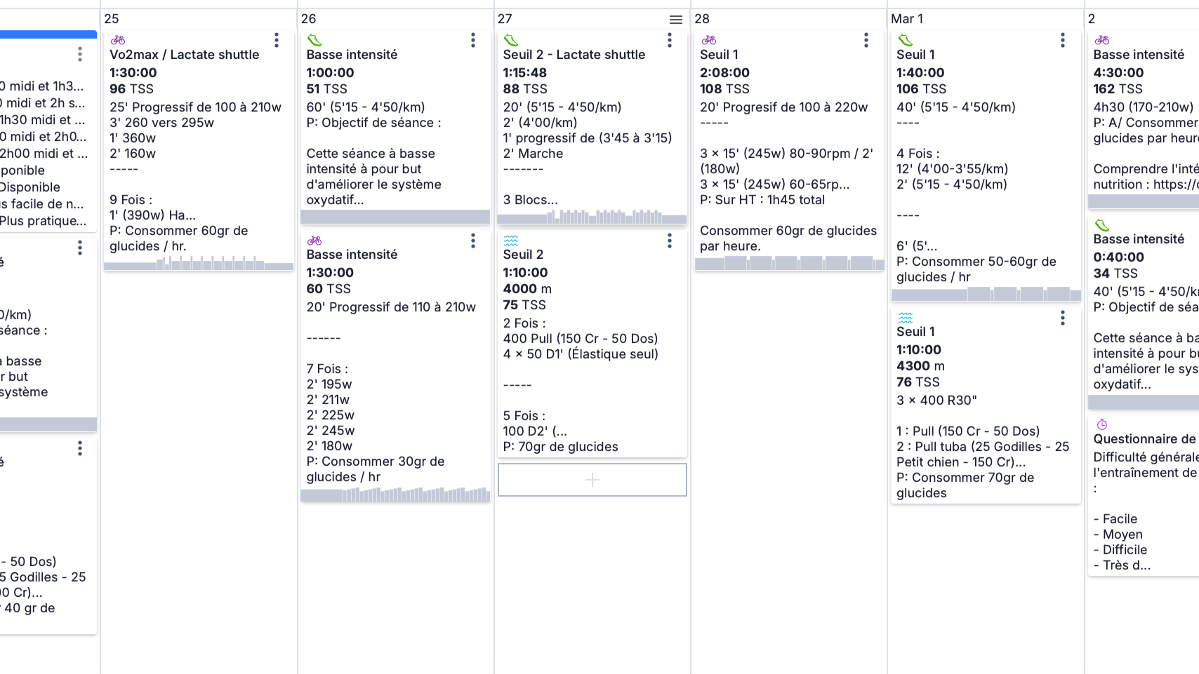Exemple d'un programme d'entrainement sur-mesure d'une semaine pour le triathlon